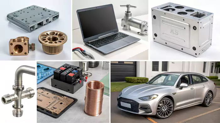 Collage of diverse industrial products made from die casting: car parts, faucets, laptop bodies, connectors