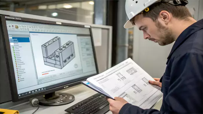 Engineer reviewing material selection chart with product CAD model