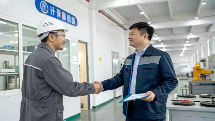 Engineer shaking hands with a foundry representative in a clean, modern facility