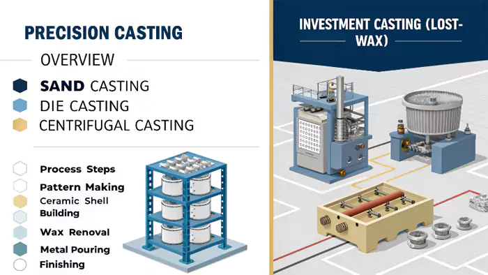 Diagram comparing the general concept of precision casting with the specific investment casting process