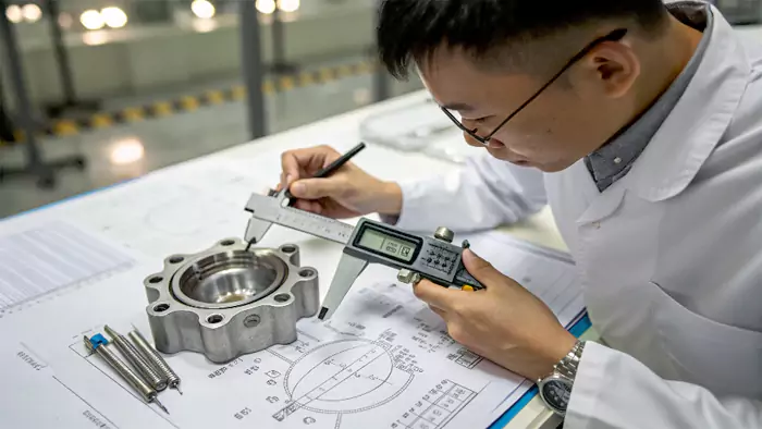An engineer meticulously measuring a precision cast part with calipers