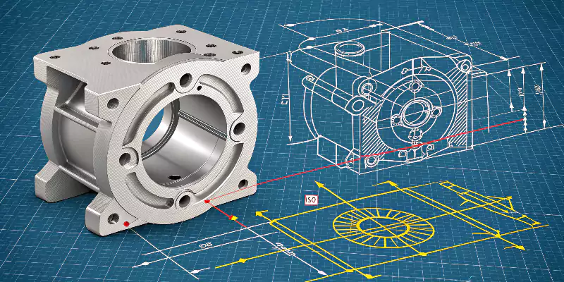 A precision-engineered metal component with callouts indicating tight tolerances