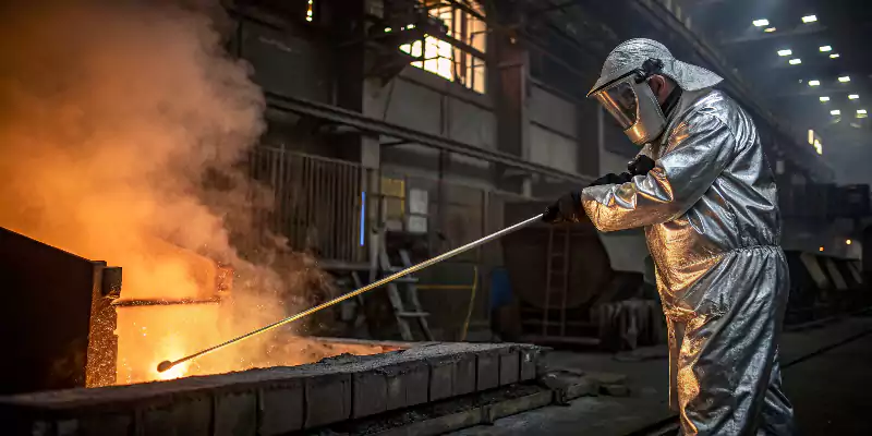 A foundry worker carefully monitoring the temperature of molten metal before pouring