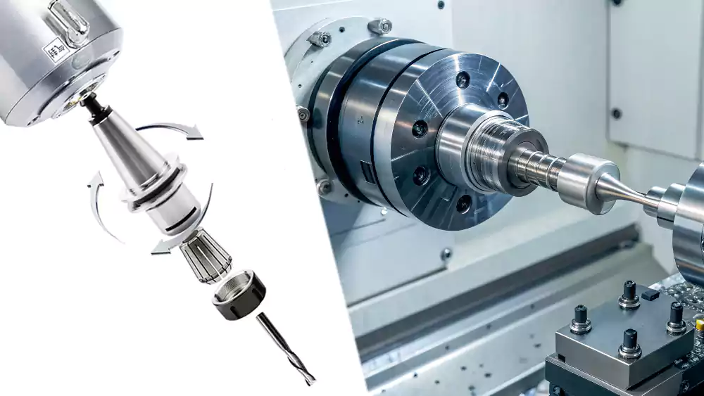 A high-speed CNC spindle quickly performing an automatic tool change