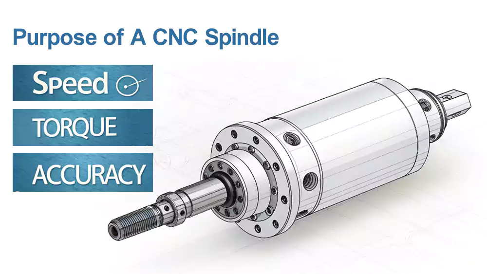 An infographic highlighting the three main purposes of a spindle: Speed, Torque, and Precision