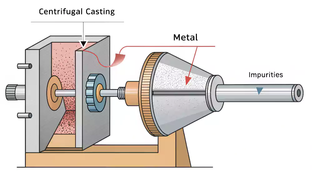 A diagram illustrating the forces at work in centrifugal casting, with dense metal pushed outward and lighter impurities moving inward