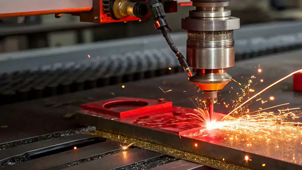 A CNC machine struggling to cut a tough superalloy, with a glowing red chip coming off the tool