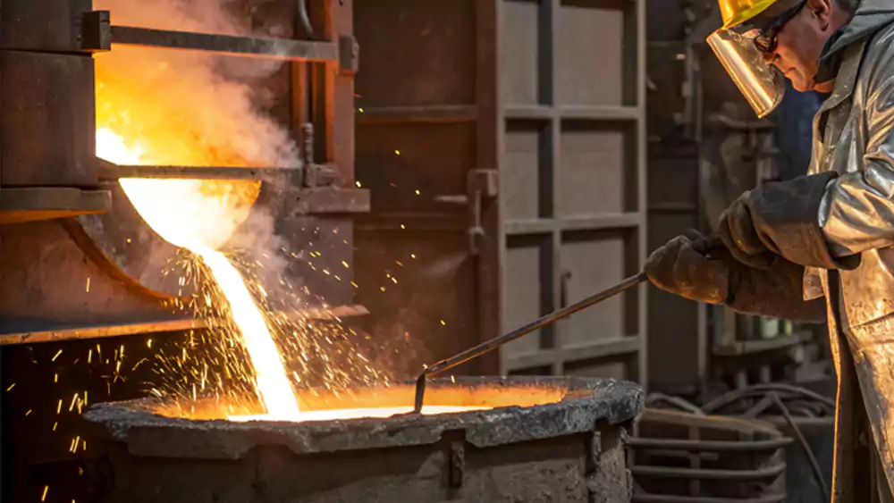A foundry worker in protective gear carefully inspecting molten steel in a crucible