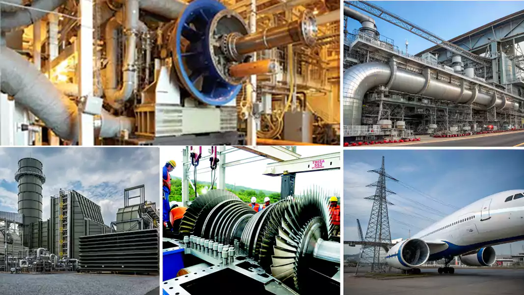 A collage showing the primary applications of turbine blades: a jet engine, a power generation plant, and an industrial turbine