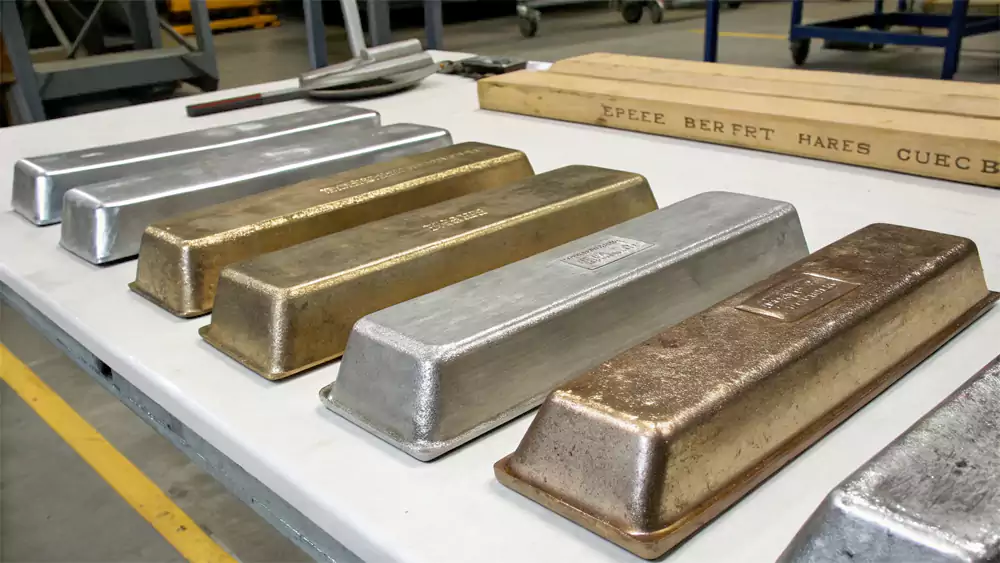 Ingots of different metals like steel, bronze, and aluminum