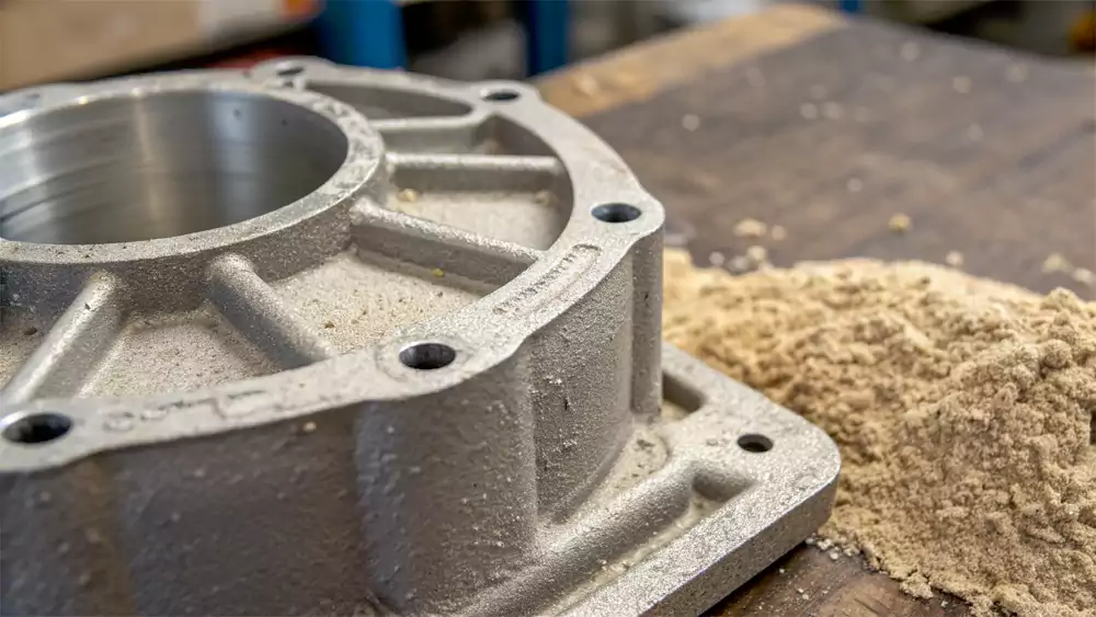 A raw sand casting showing its rough surface texture