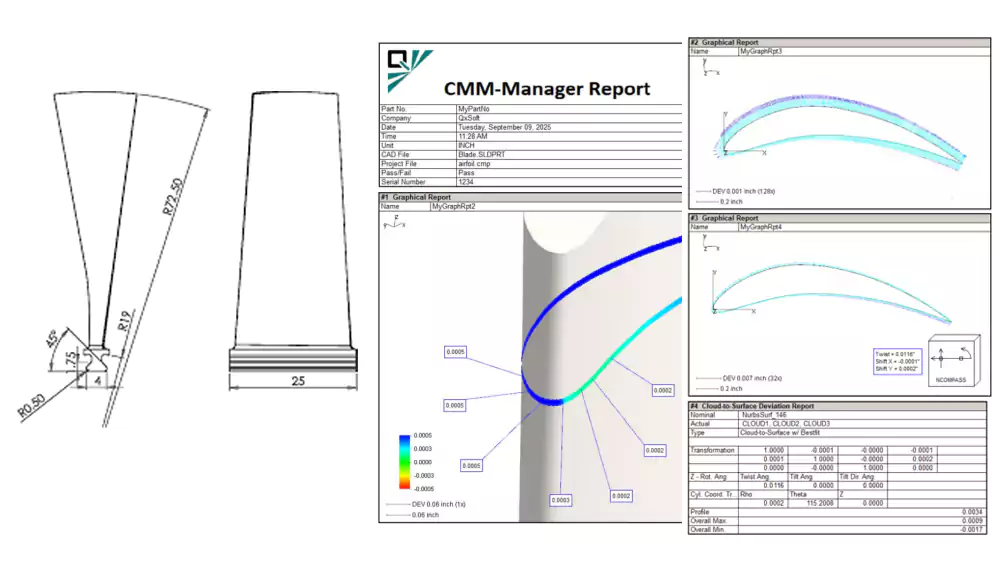 Machinist reviewing turbine blade drawing and CMM inspection report in workshop