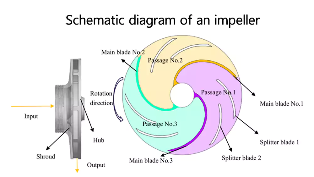 impeller structure diagram with blade types and flow direction