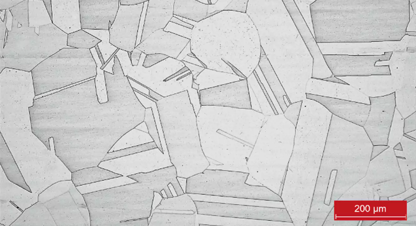 microstructure of superaustenitic stainless steel casting material under metallographic inspection