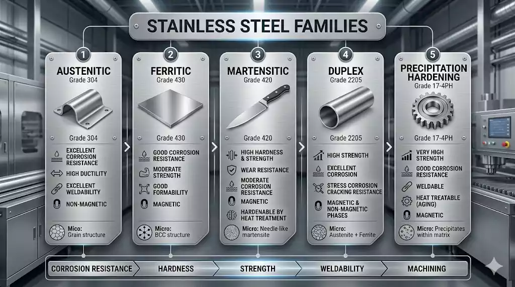 different stainless steel families used in industrial casting applications