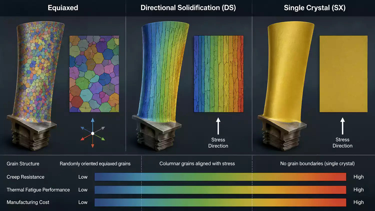 comparison of equiaxed directional solidification and single crystal turbine blade grain structures