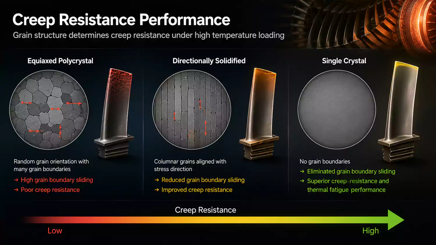 creep resistance comparison of turbine blade grain structures under high temperature loading
