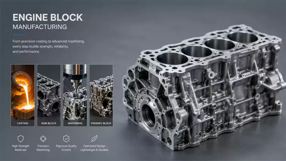 Engine block manufacturing process with casting and CNC machining