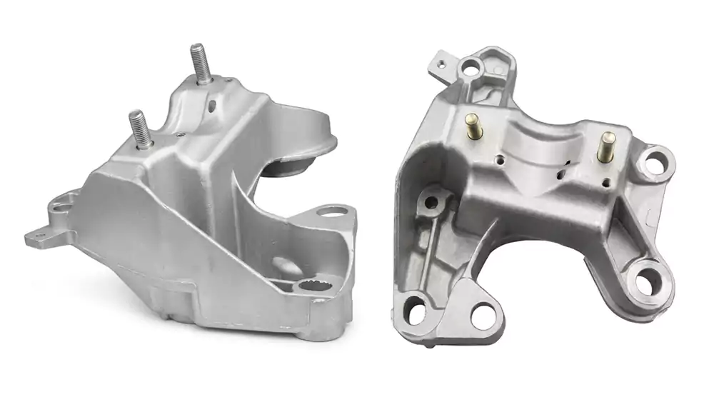 cast aluminum engine mount bracket showing structural ribs and mounting points