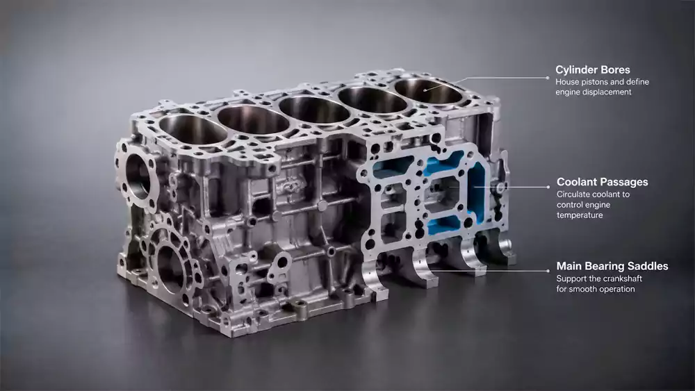 Engine block structure showing cylinder bores and coolant passages