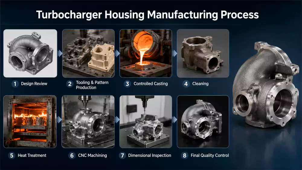 turbocharger housing moving from precision casting to CNC machining and inspection