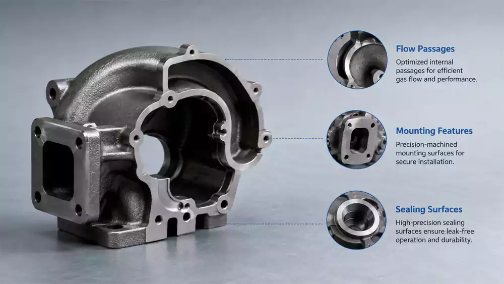 cast turbocharger housing showing internal flow passages and mounting features