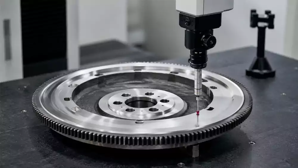 custom engine flywheel undergoing dimensional inspection and precision quality control