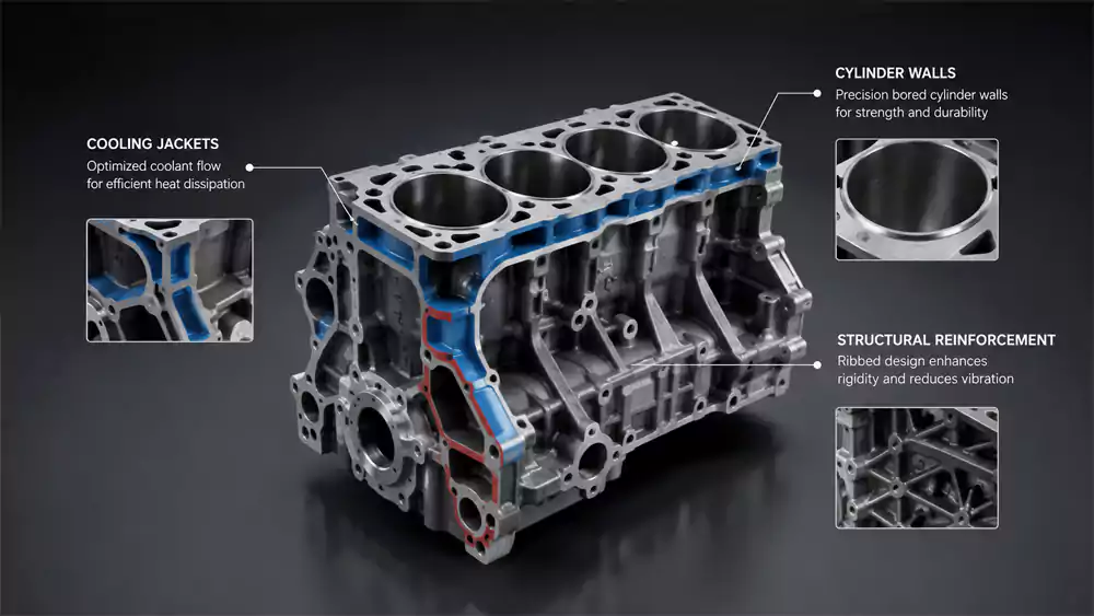 Engine block design showing cooling jackets, cylinder walls and structural reinforcement