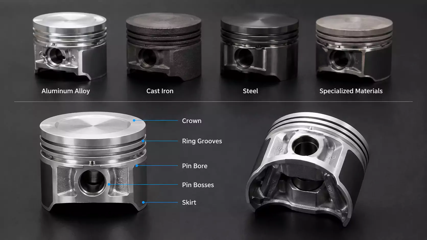 engine piston components and material structure