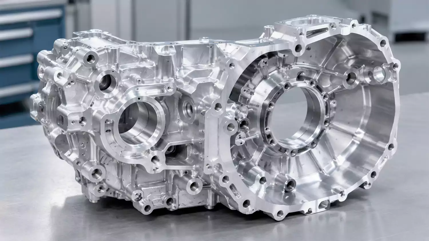 CNC machined gearbox housing with precision bores and mounting surfaces