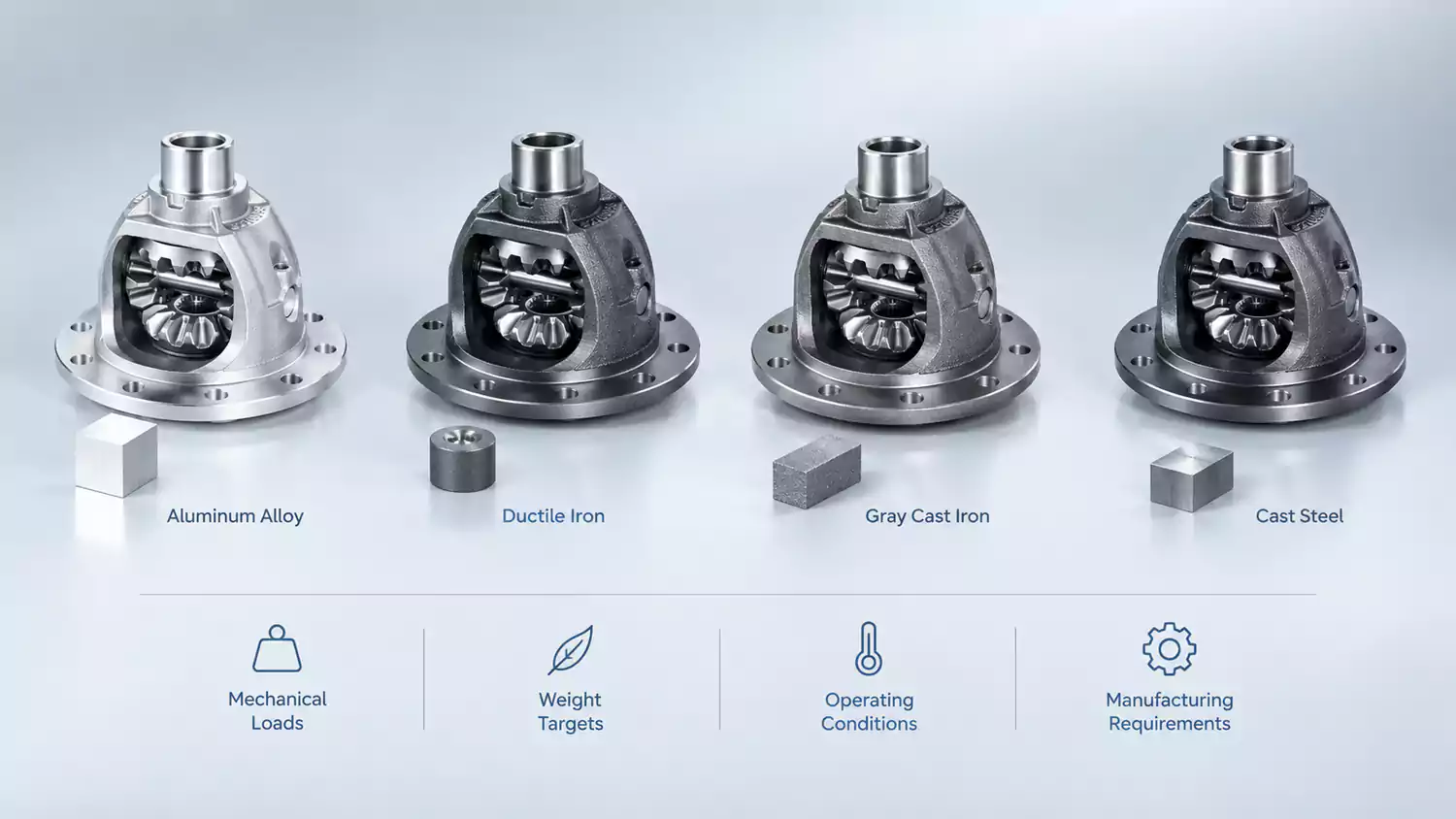 Aluminum alloy and iron differential case castings for material comparison