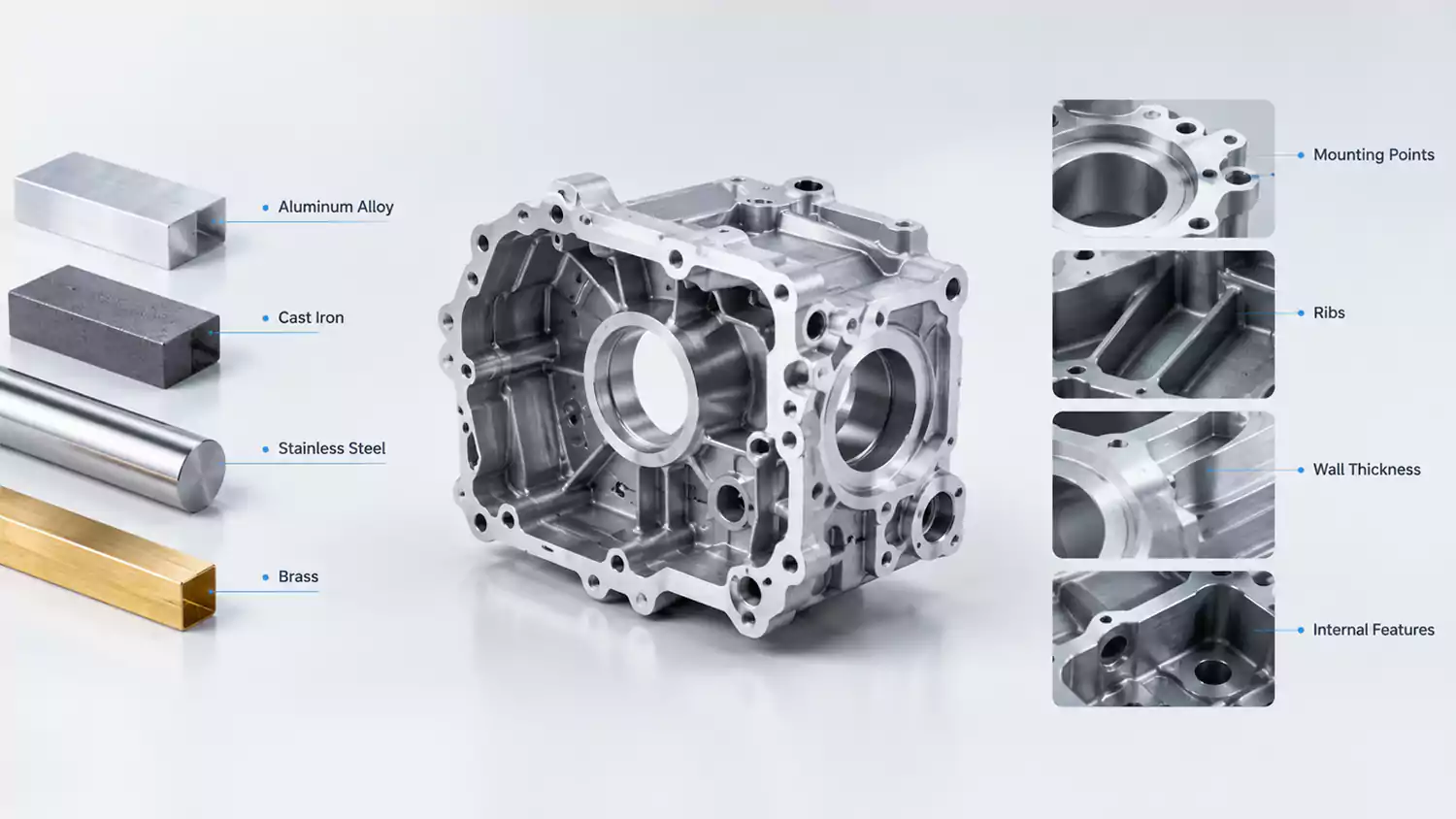 CNC machined housing materials and structural features