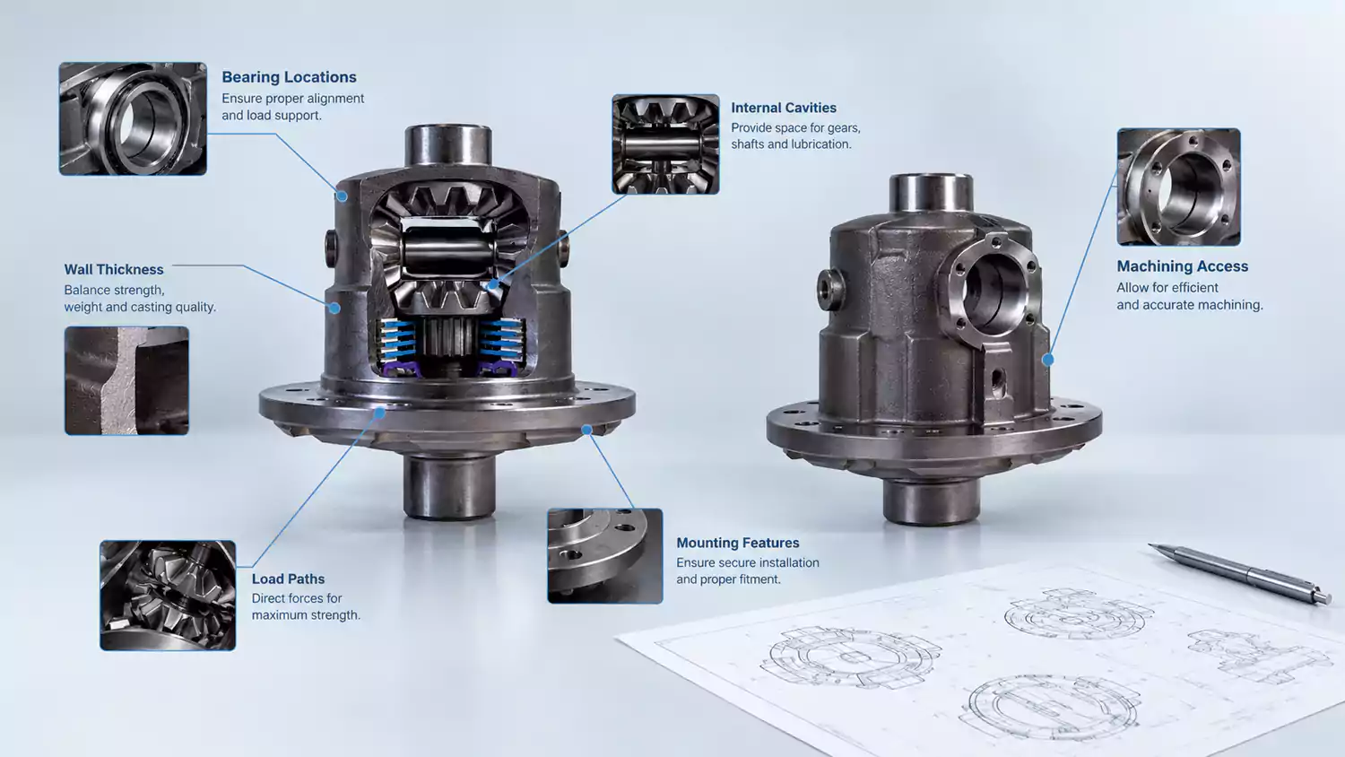 Custom differential case casting with bearing bores and mounting features
